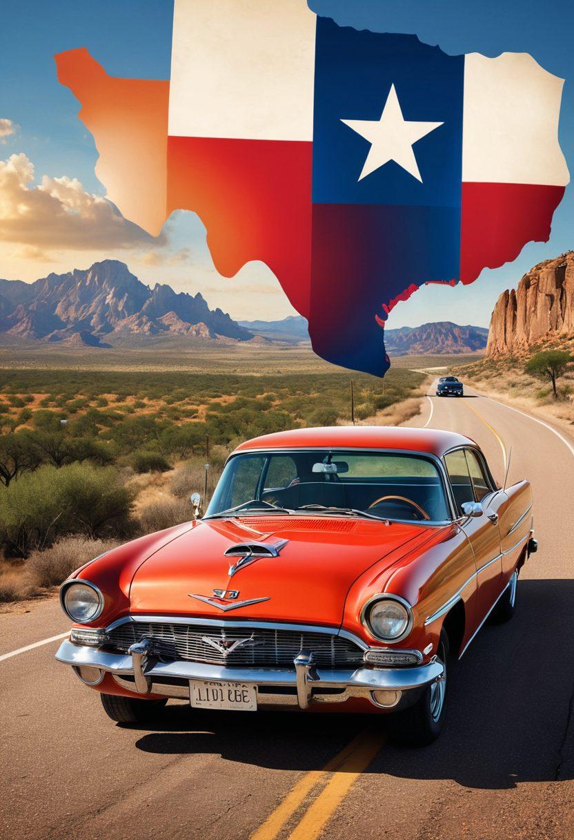 A visually striking collage featuring a vintage car and a stethoscope intertwined, symbolizing the transition from auto insurance to health insurance in Texas. The background should be decorated with iconic Texas imagery, such as the state flag and rolling hills, blending seamlessly into the scene. Bright, engaging colors should evoke a sense of trust and reassurance, embodying the theme of protection in both auto and health aspects. The composition should appeal to a diverse audience, reflecting the spirit of Lone Star State. super-realistic. vibrant colors. 3D.