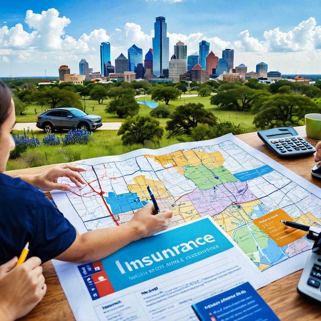 A Texas landscape with a detailed map overlay showing different insurance coverage options, featuring icons like health, home, auto, and life insurance. In the foreground, a diverse family discussing their choices with a calculator and documents, symbolizing financial security. The background includes the iconic Texas skyline and bluebonnets. vibrant colors. super-realistic.